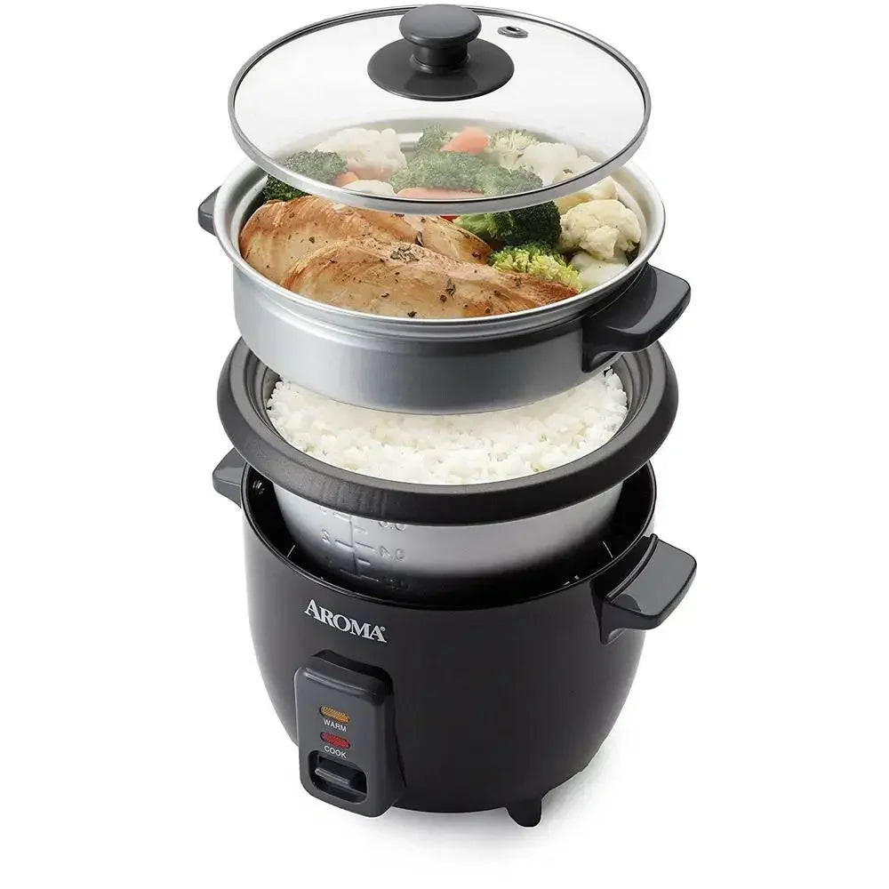 White Pot Style Rice Cooker Food Steamer Multi Cooker 6-Cup Capacity Nonstick Steam Tray Tempered Glass Lid Easy Cleanup - Cooky Kitchenware