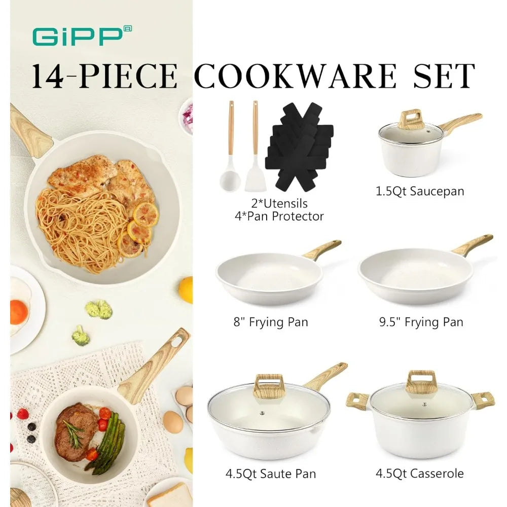 Pots and Pans Set Non Stick - 14 Pcs White Granite Kitchen Cookware Sets Nonstick Induction Cookware Cooking Pan Set - Cooky Kitchenware