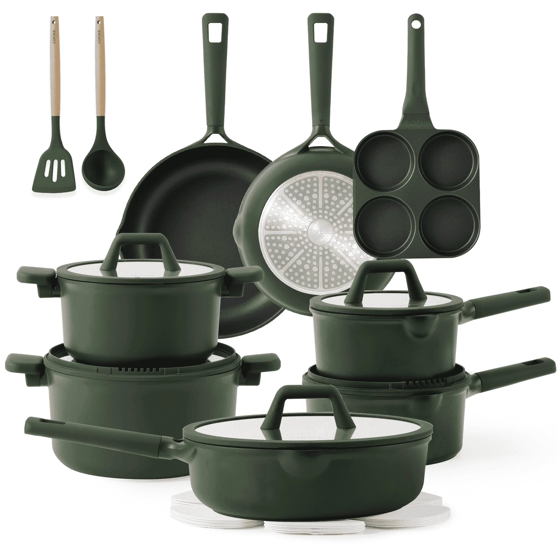 19 Pcs Nonstick Cookware Sets, Non Stick Pots and Pans Set, Induction Cookware, Dark Green - Cooky Kitchenware