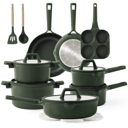 19 Pcs Nonstick Cookware Sets, Non Stick Pots and Pans Set, Induction Cookware, Dark Green - Cooky Kitchenware
