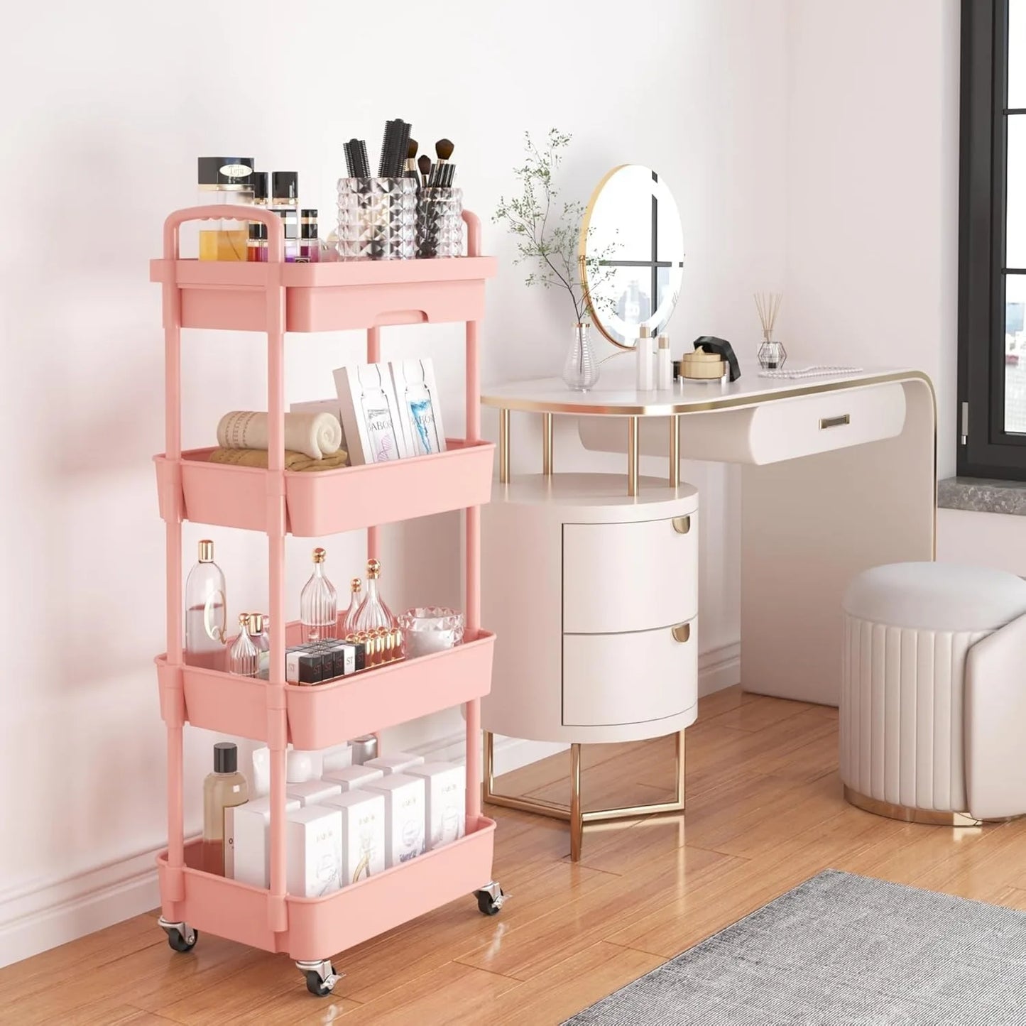 4 Tier Rolling Utility Cart with Drawer Multifunctional Storage Organizer Plastic Shelf and Metal Wheel Pink - Cooky Kitchenware