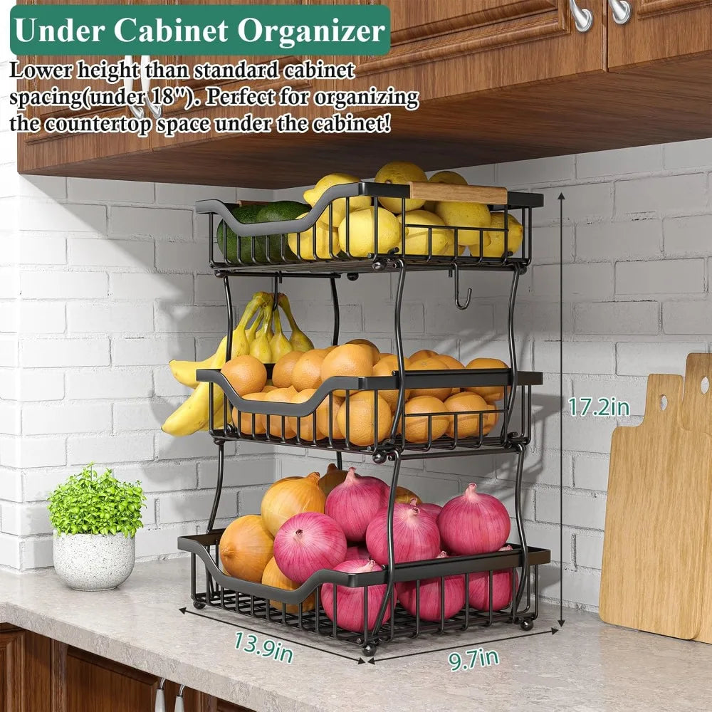 3-Tier Fruit Basket for Kitchen Counter, Wall-Hanging Fruit Bowl and Kitchen Countertop Organizer with 2 Banana Hooks, Fruit Sto - Cooky Kitchenware