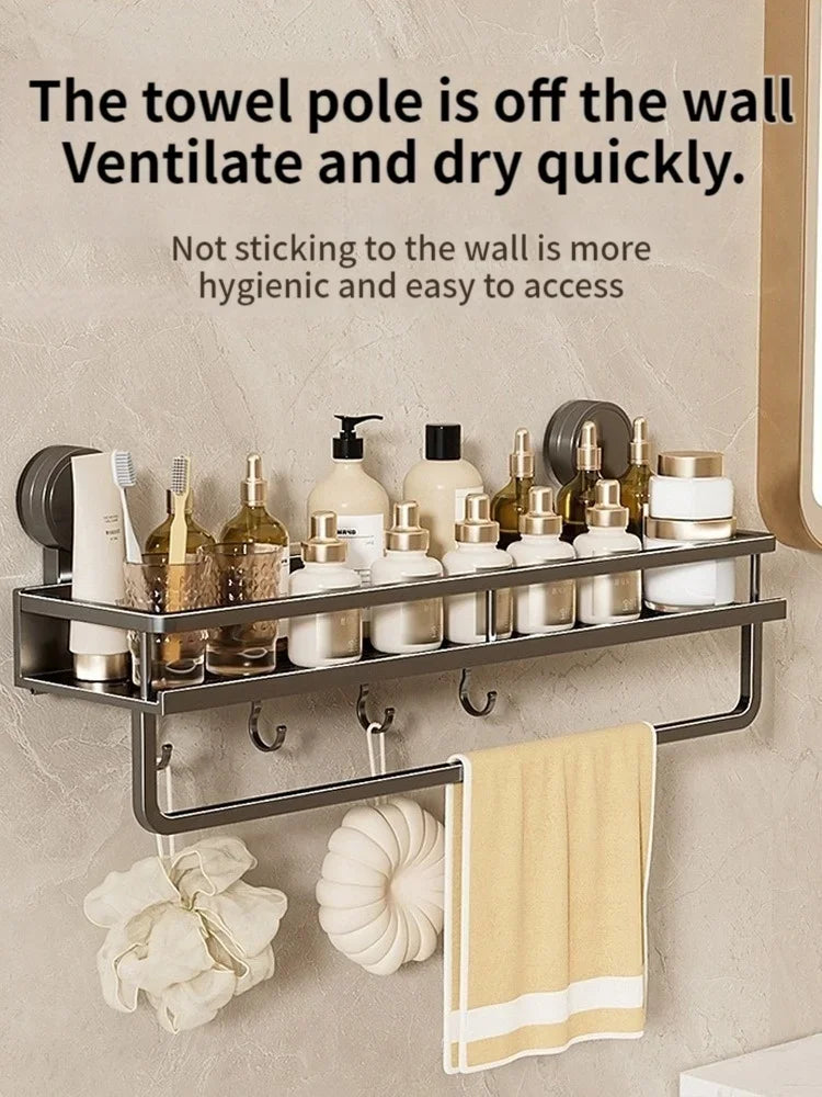 Suction Cup Mount Bathroom Shelf with Towel Holder Removable Hooks No Drill Hanging Bath Room Basket Shampoo Storage Rack Tray - Cooky Kitchenware