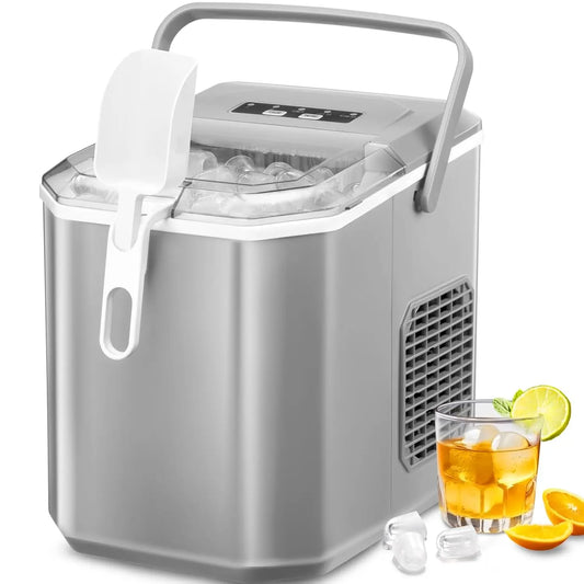 Ice Makers Countertop, Ice Machine with Handle, 26Lbs in 24Hrs, 9 Cubes Ready in 6 Mins, Self-Cleaning Portable Ice Maker(Grey) - Cooky Kitchenware