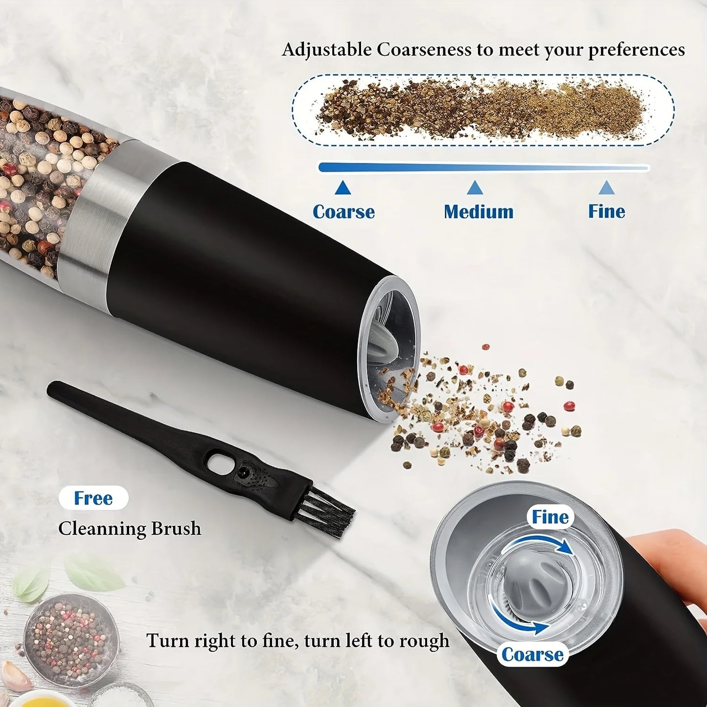 2-piece Automatic Seasoning Grinder, Adjustable Thickness，Battery powered, used for grinding spices such as pepper and sea salt