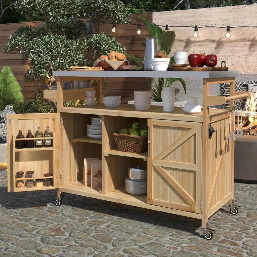 grill cart with stainless steel tabletop - outdoor storage cabinet for bbq, bar patio kitchen island with ample storage and lock