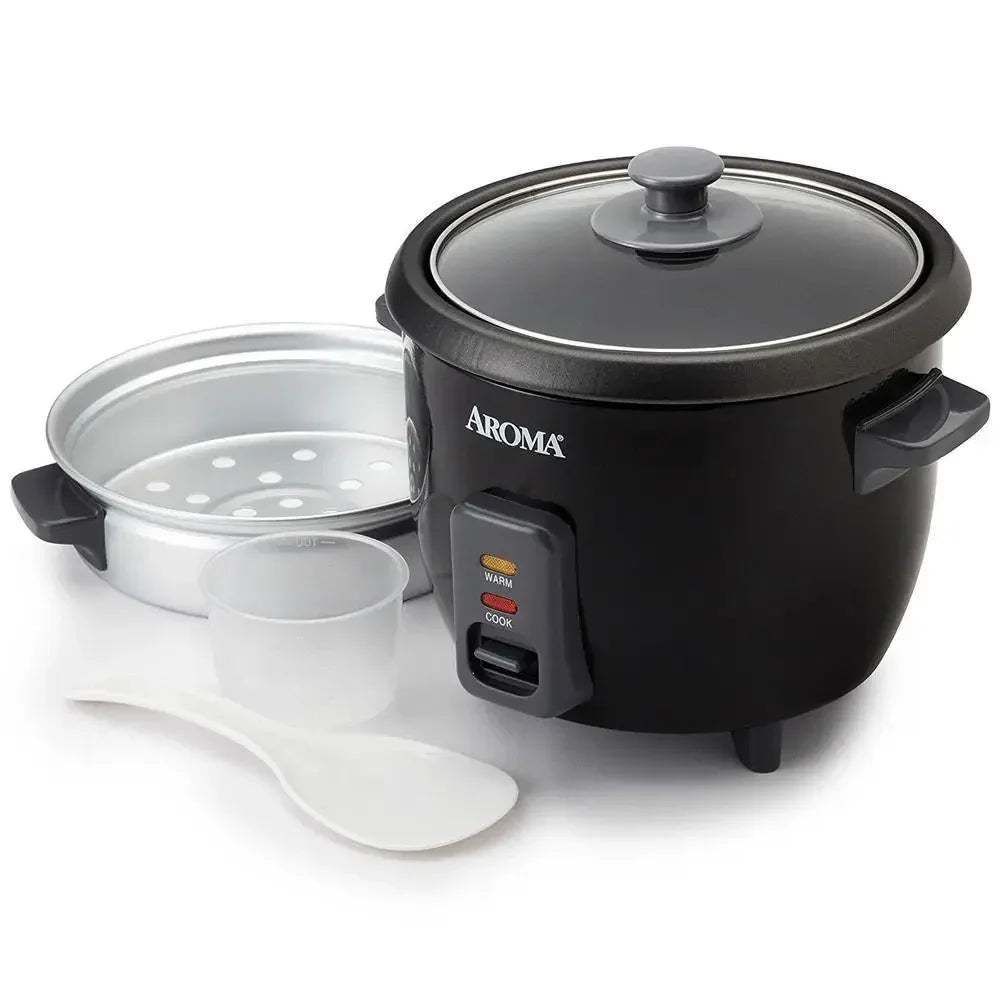 White Pot Style Rice Cooker Food Steamer Multi Cooker 6-Cup Capacity Nonstick Steam Tray Tempered Glass Lid Easy Cleanup - Cooky Kitchenware
