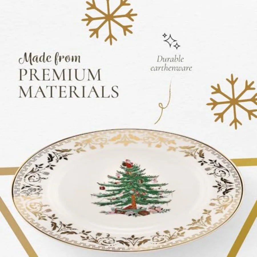 Elegant 8Inch Gold Christmas Tree Porcelain Salad Plate for Festive Holiday Dining: Perfect Seasonal Appetizer Dinnerware Micro