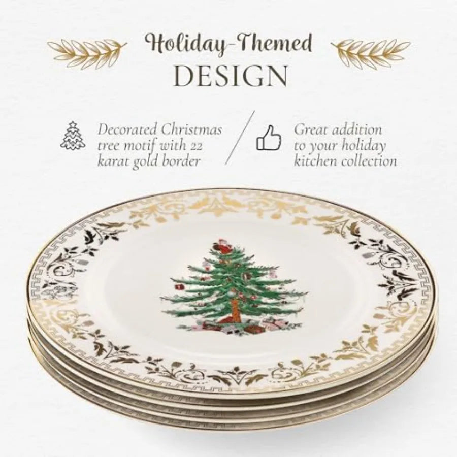 Elegant 8Inch Gold Christmas Tree Porcelain Salad Plate for Festive Holiday Dining: Perfect Seasonal Appetizer Dinnerware Micro