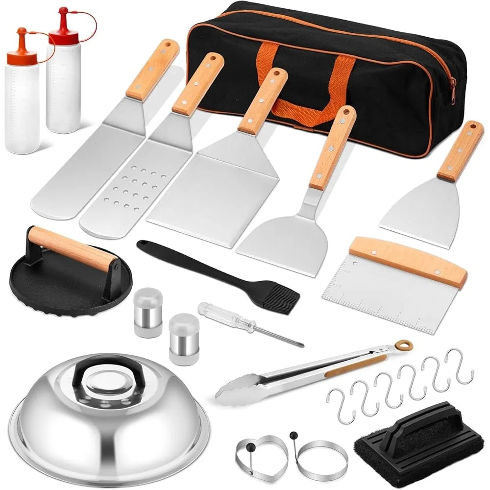 25PCS Griddle Accessories Set Flat Top Grill Tools Stainless Steel Spatulas Scraper Basting Cover Ideal BBQ Cooking - Cooky Kitchenware