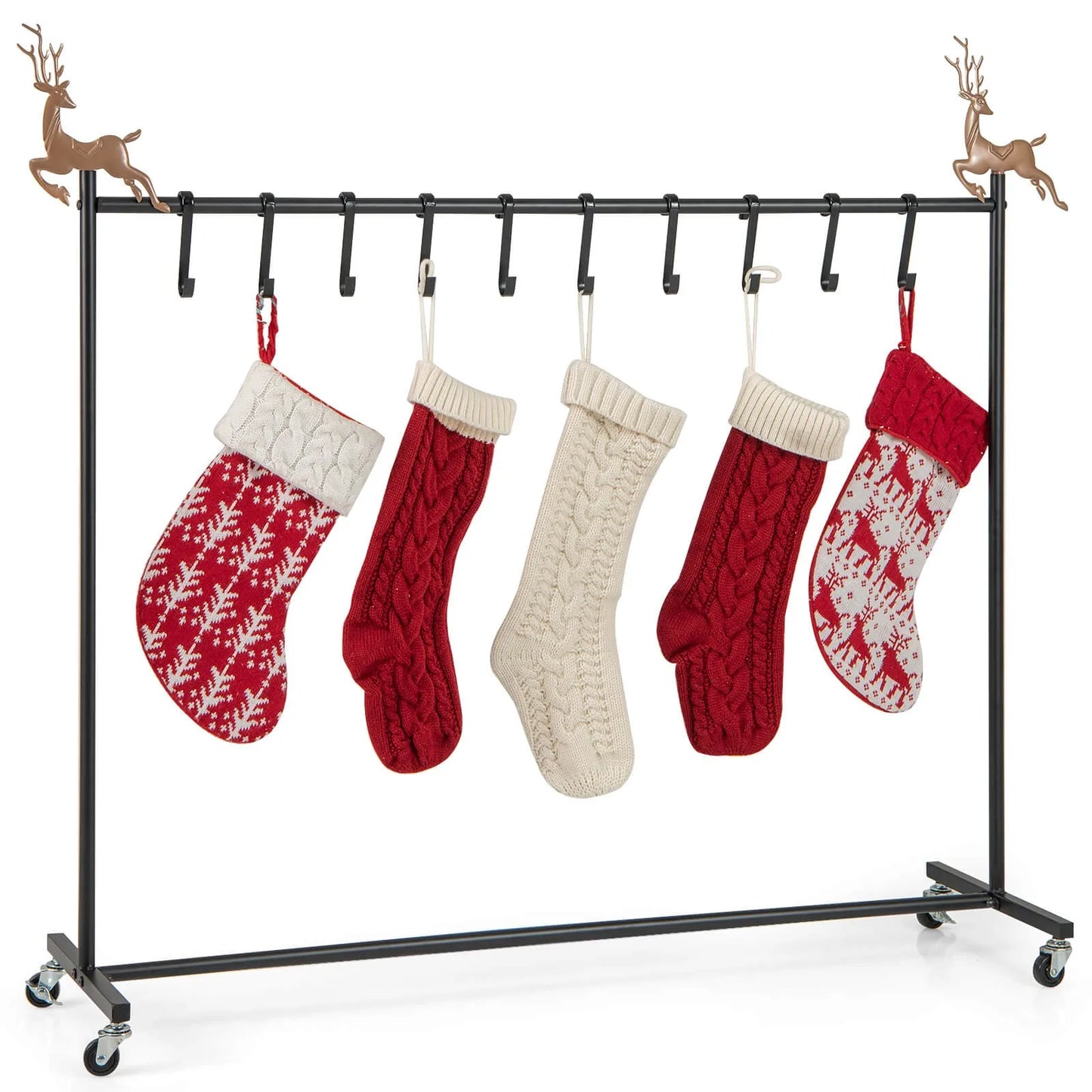 10-Hook Christmas Stocking Holder Stand on Wheels with 6 Removable Xmas Tree