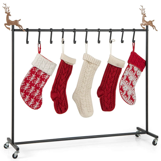 10-Hook Christmas Stocking Holder Stand on Wheels with 6 Removable Xmas Tree
