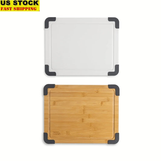 2-Piece 11x14 Cutting Board Set Poly Bamboo Non-Slip Juice Wells Durable Kitchen Prep Dual-Sided Use Blade-Friendly Surface - Cooky Kitchenware
