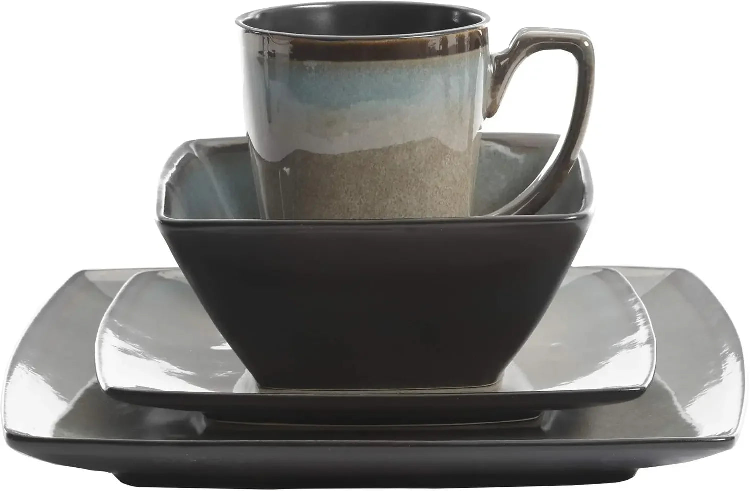 Square Reactive Glaze Stoneware Dinnerware Set, Service for 4 (16pcs), Taupe,Dishwasher Safe - Cooky Kitchenware