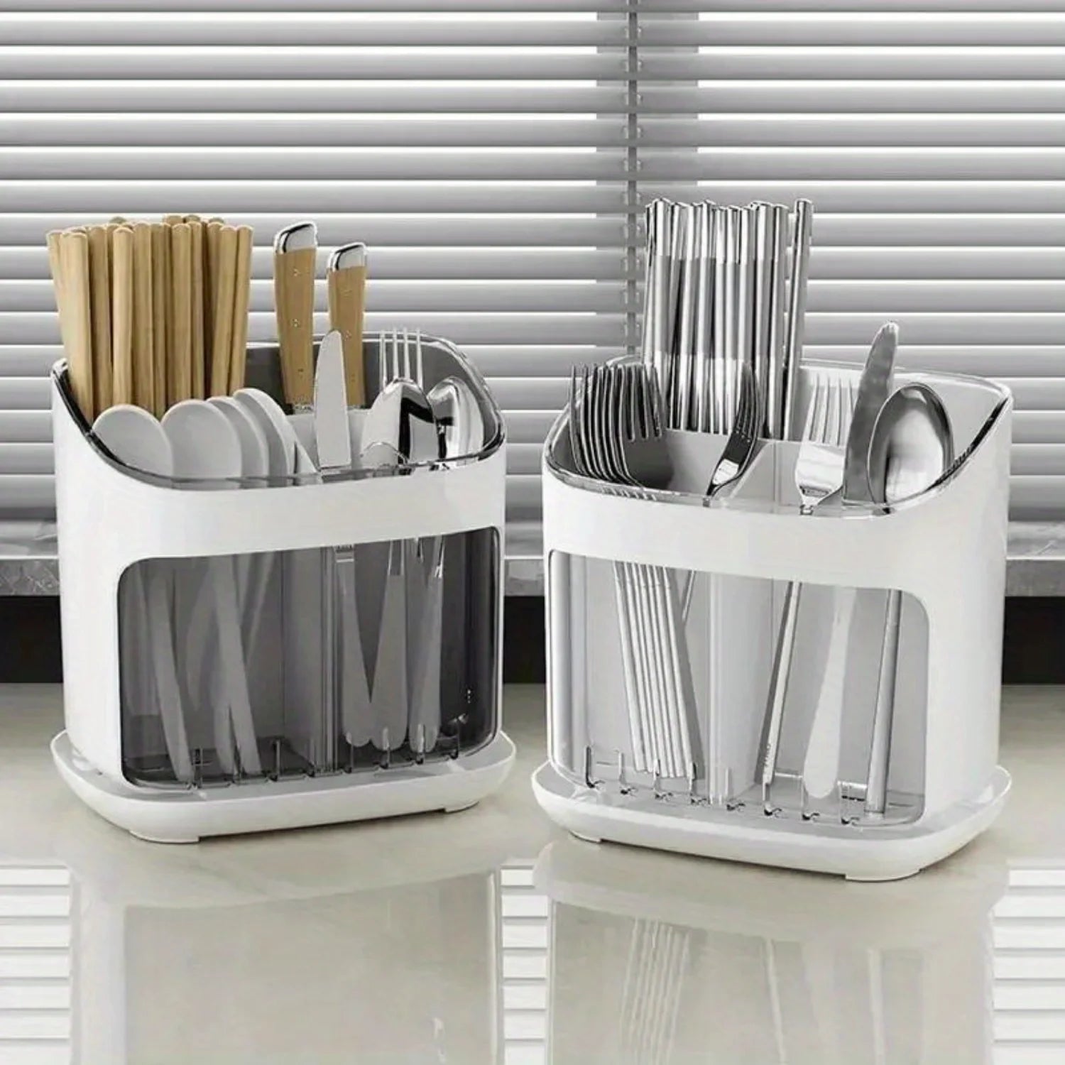 Countertop Plastic Utensil Holder - 3 Grids - Fork, Spoon, Chopstick - Detachable Kitchen Bucket - Organizers & Accessories - Cooky Kitchenware