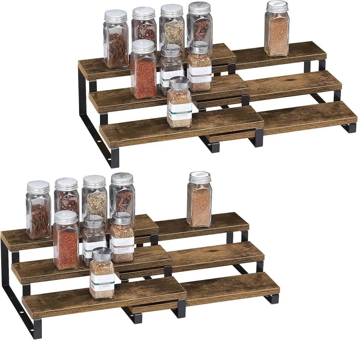 3 Tier Wooden Spice Rack Organizer for Kitchen Cabinet and Countertop Expandable Spice Rack Shelf Set of 2 - Cooky Kitchenware