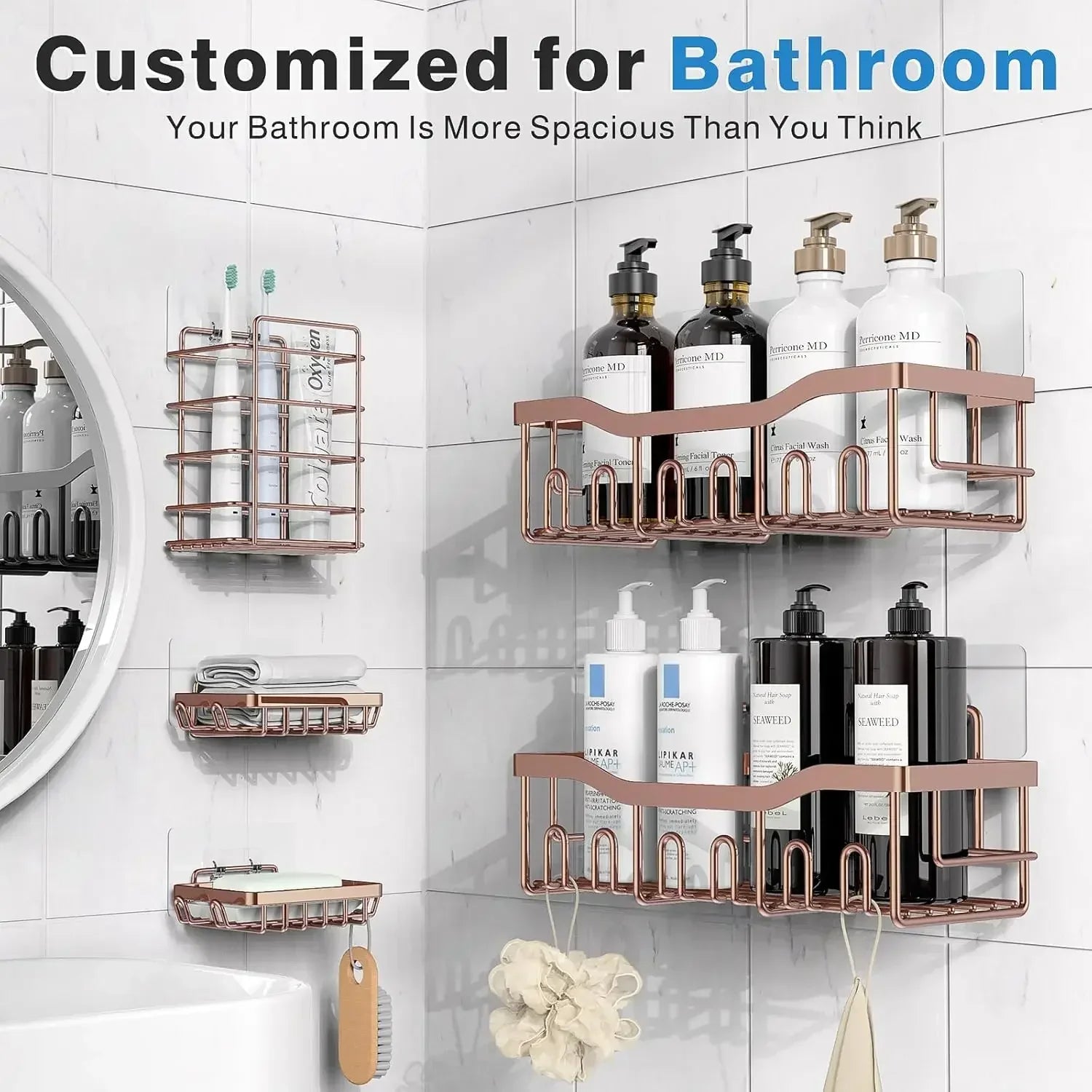 Shower Caddy 5 Pack,Adhesive Shower Organizer for Bathroom Storage&Home Decor&Kitchen,No Drilling,Large Capacity,Rustproof - Cooky Kitchenware