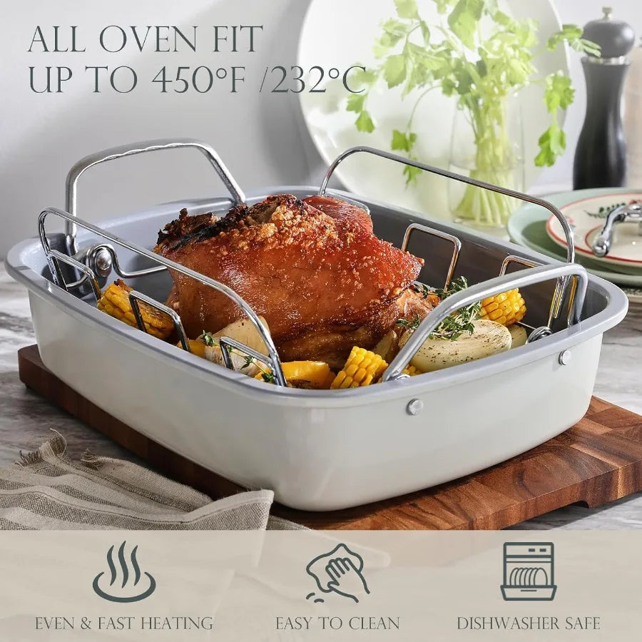 Nonstick Turkey Roasting Pan with Rack 17 x 14 inch Large Chicken Roaster Pan for Oven Wider Handles and Heavy Duty Constructio