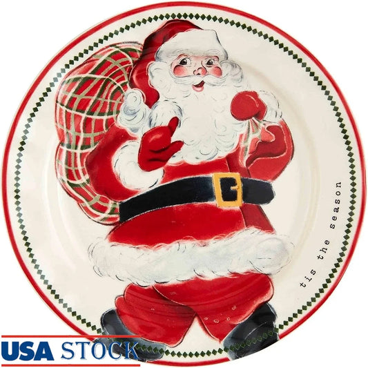 Santa Salad Plate Christmas Gift 8 Inch Stoneware Dishwasher Safe Hand-Painted Rim Classic Santa Image Holiday Tableware