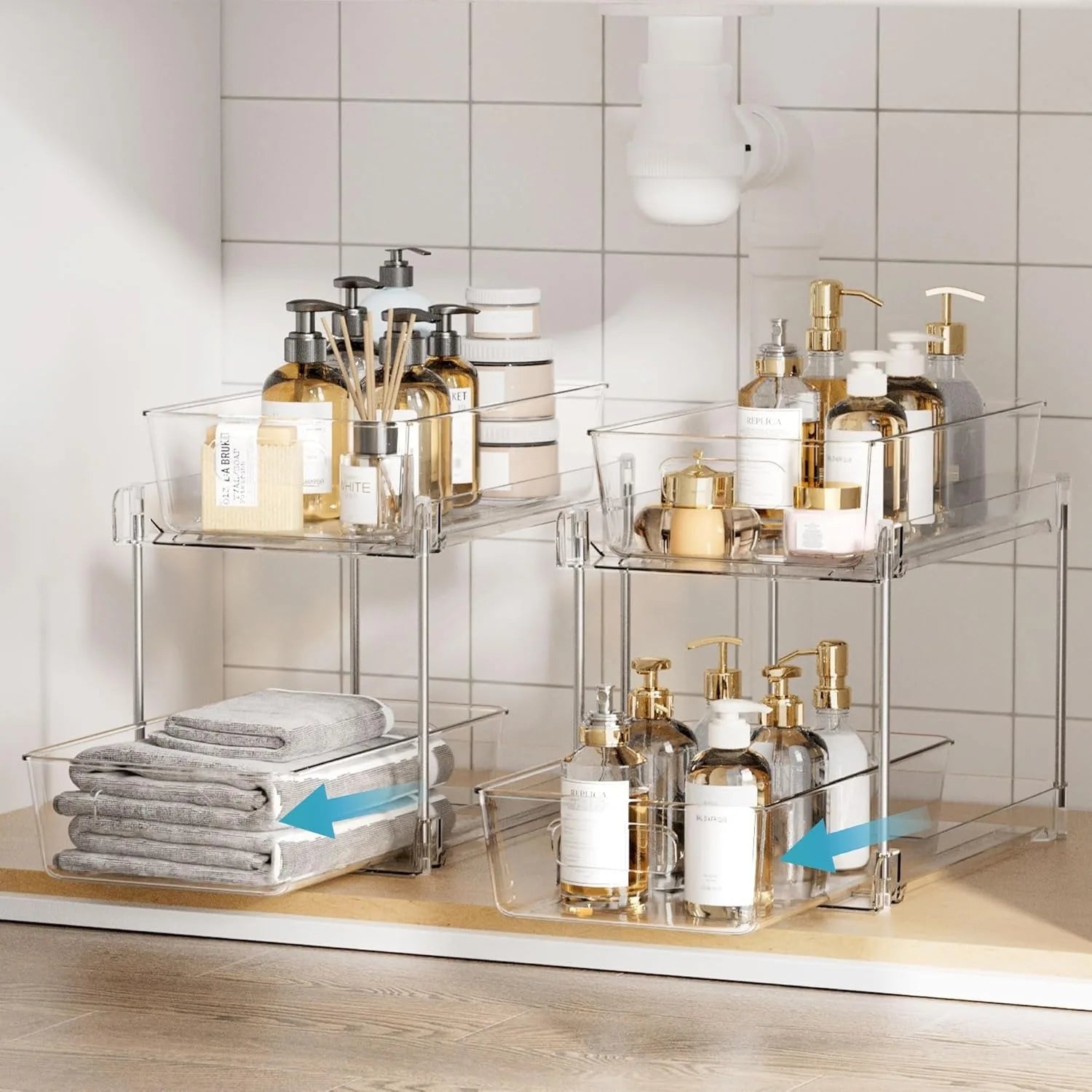 4 Pack Bathroom Organizer 2 Tier Clear Under Sink Organizers Vanity Countertop Storage Bins Cabinet Drawers Kitchen - Cooky Kitchenware