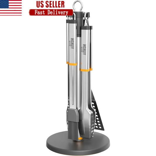 Stainless Steel BBQ Tool Set with Rotating Stand Drip Pan Spatula Tongs Fork Brush Durable Portable Easy Clean Grilling Kit - Cooky Kitchenware