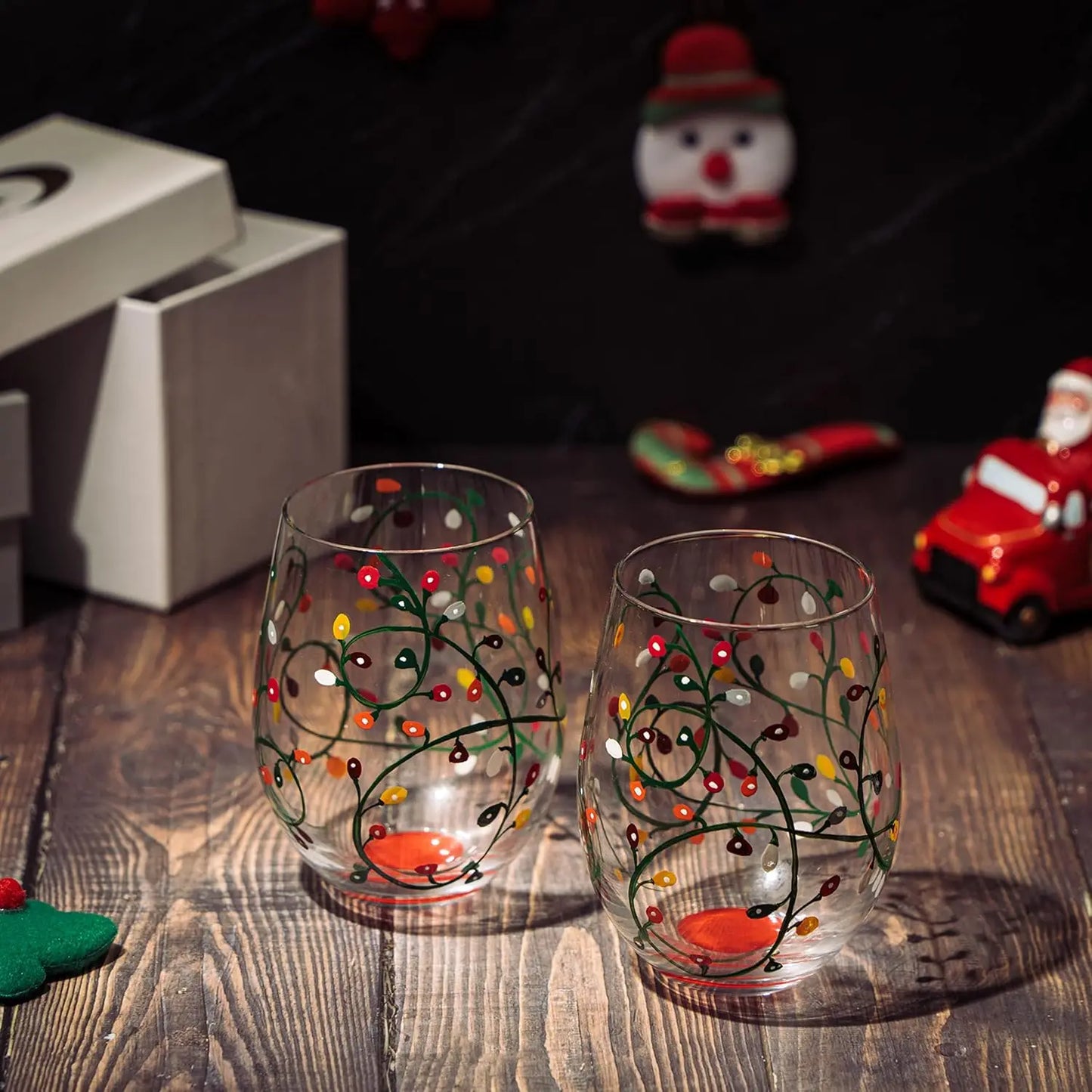Winter Themed Lights Stemless Wine & Water Glasses - Artisanal Hand Painted Ornament Light Bulbs Glasses - Tree - Set of 2, 17.5