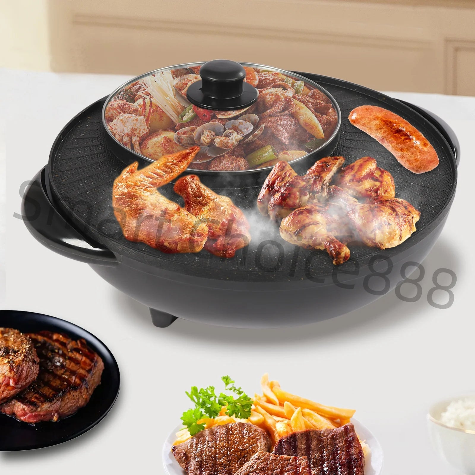 Electric Grill with Hot Pot Portable Round Barbecue Griddle Cookware Non Stick 2 in 1 Korean BBQ for Indoor Outdoor Camping - Cooky Kitchenware