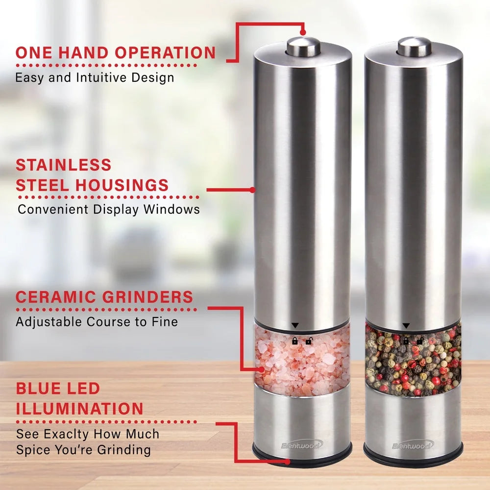 Electric Blue LED Stainless Steel Salt Pepper Grinders Adjustable Ceramic Precision Milling One Hand Operation Display Windows - Cooky Kitchenware