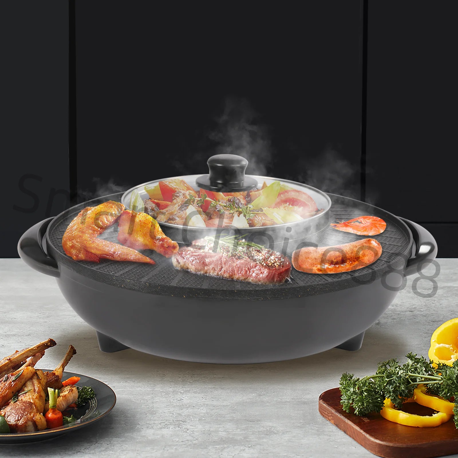 Electric Grill with Hot Pot Portable Round Barbecue Griddle Cookware Non Stick 2 in 1 Korean BBQ for Indoor Outdoor Camping - Cooky Kitchenware