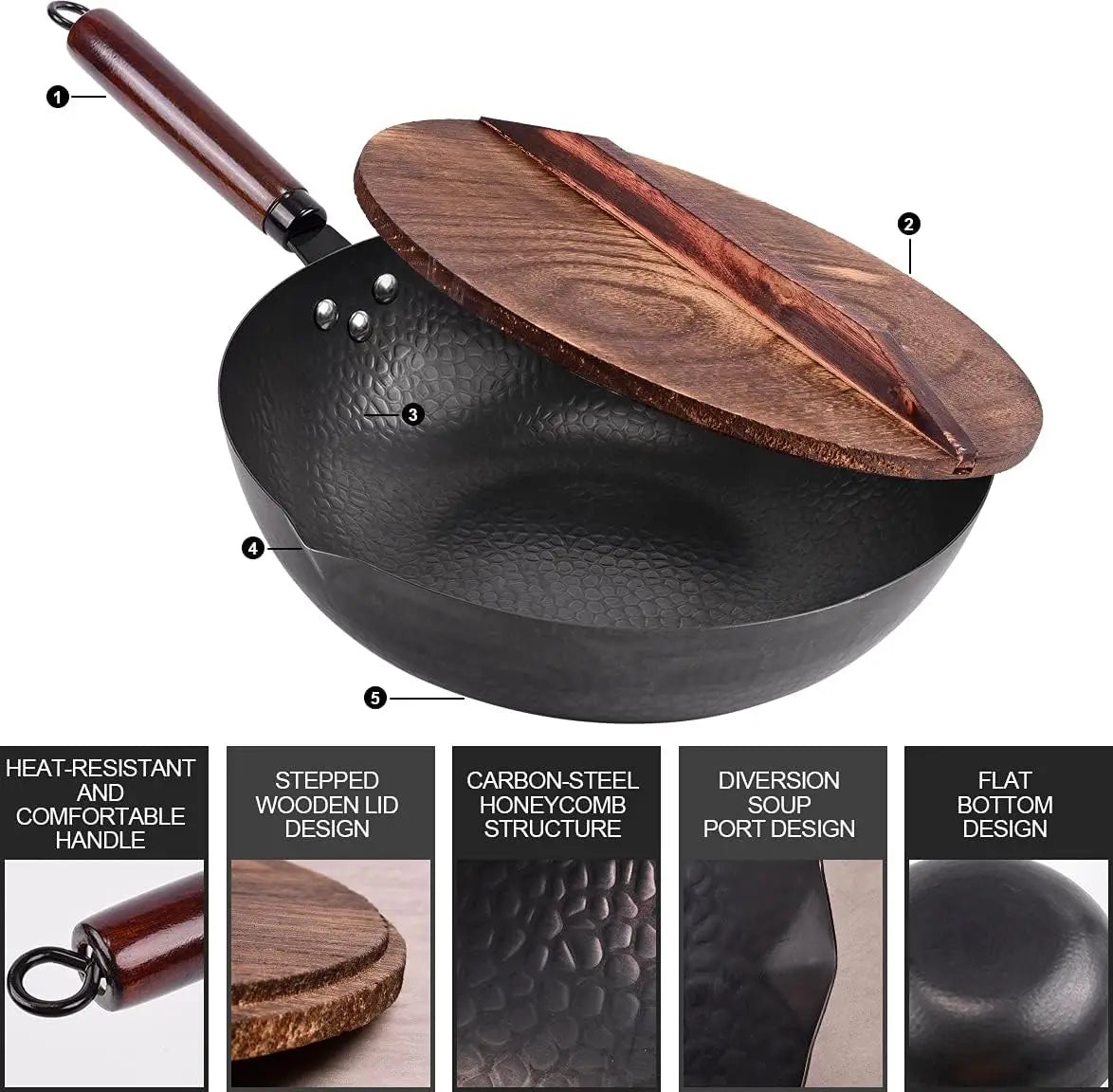 12.8" Carbon Steel Wok-11Pcs Woks & Stir Fry Pans Wok Pan with Lid, No Chemical Coated Chinese Wok with 10 Cookware Accessories - Cooky Kitchenware