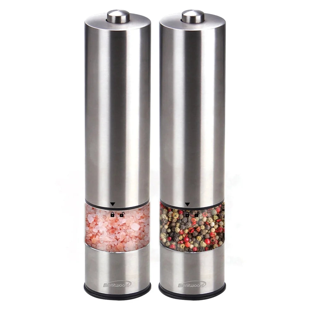 Electric Blue LED Stainless Steel Salt Pepper Grinders Adjustable Ceramic Precision Milling One Hand Operation Display Windows - Cooky Kitchenware