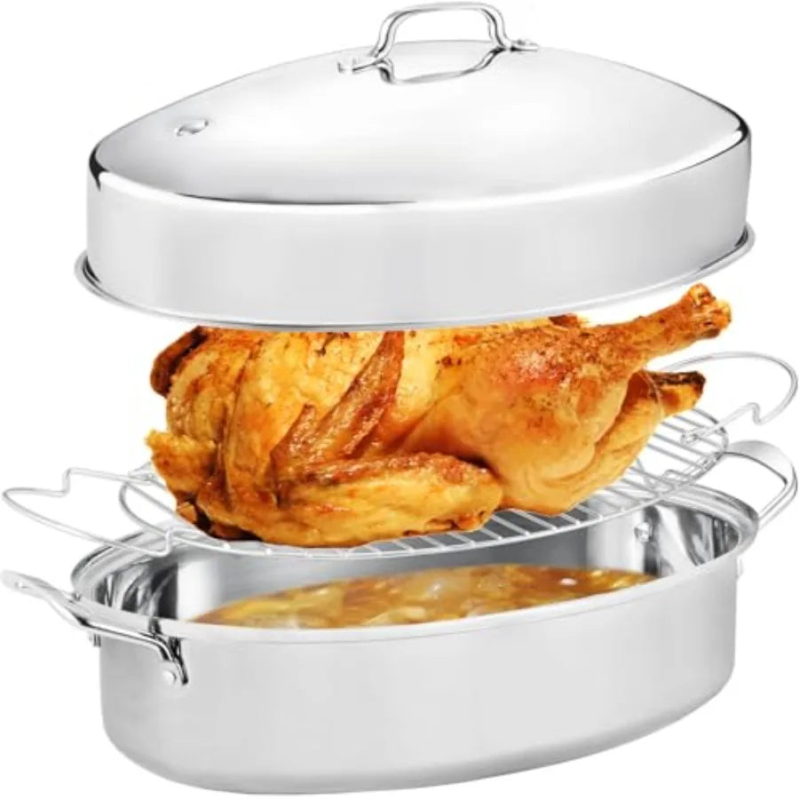 22" Large Roasting Pan with Rack and LidOval Turkey Roaster Pan for oven Stainless Steel Roasting Pan with rack Best Gift for M