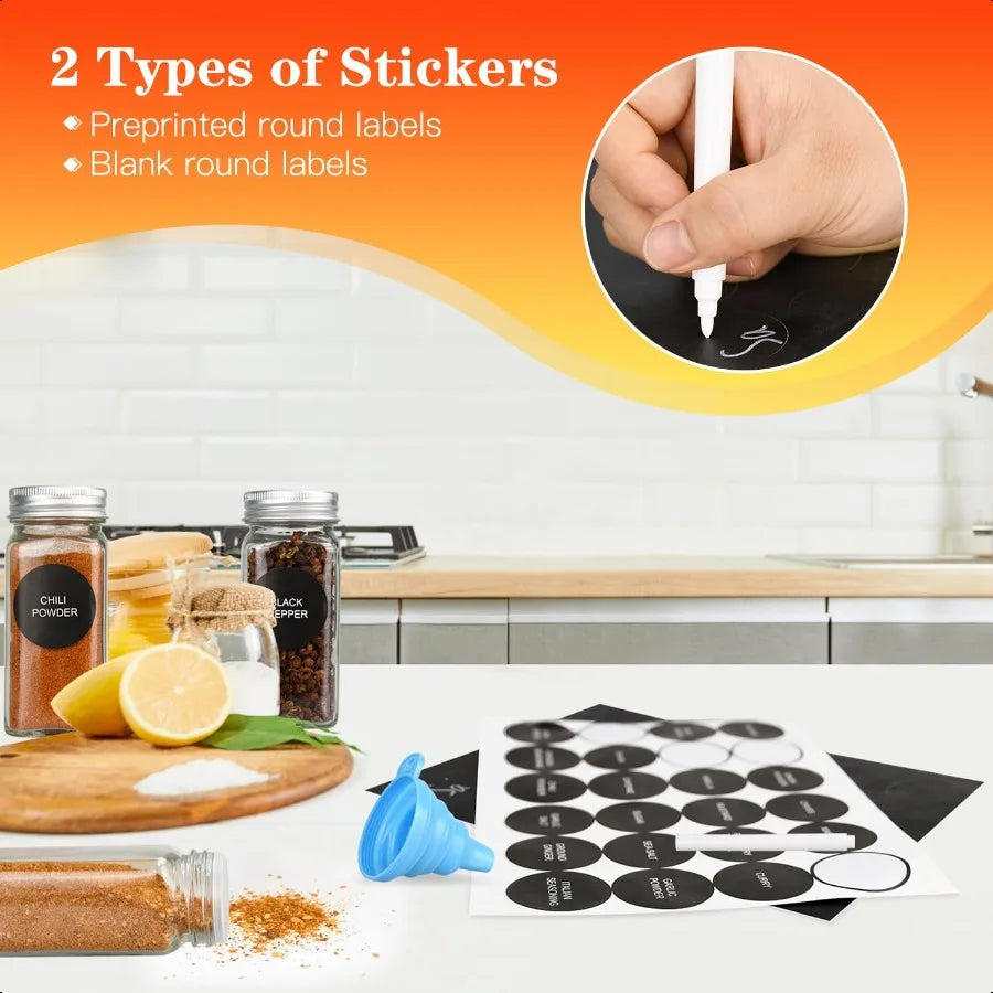 DkOvn 12 24 36 48pcs Glass Spice Jars 4oz Empty Spice Jars with Metal Caps Labels Shaker Lids Collapsible Funnel Chalk Pen Seas