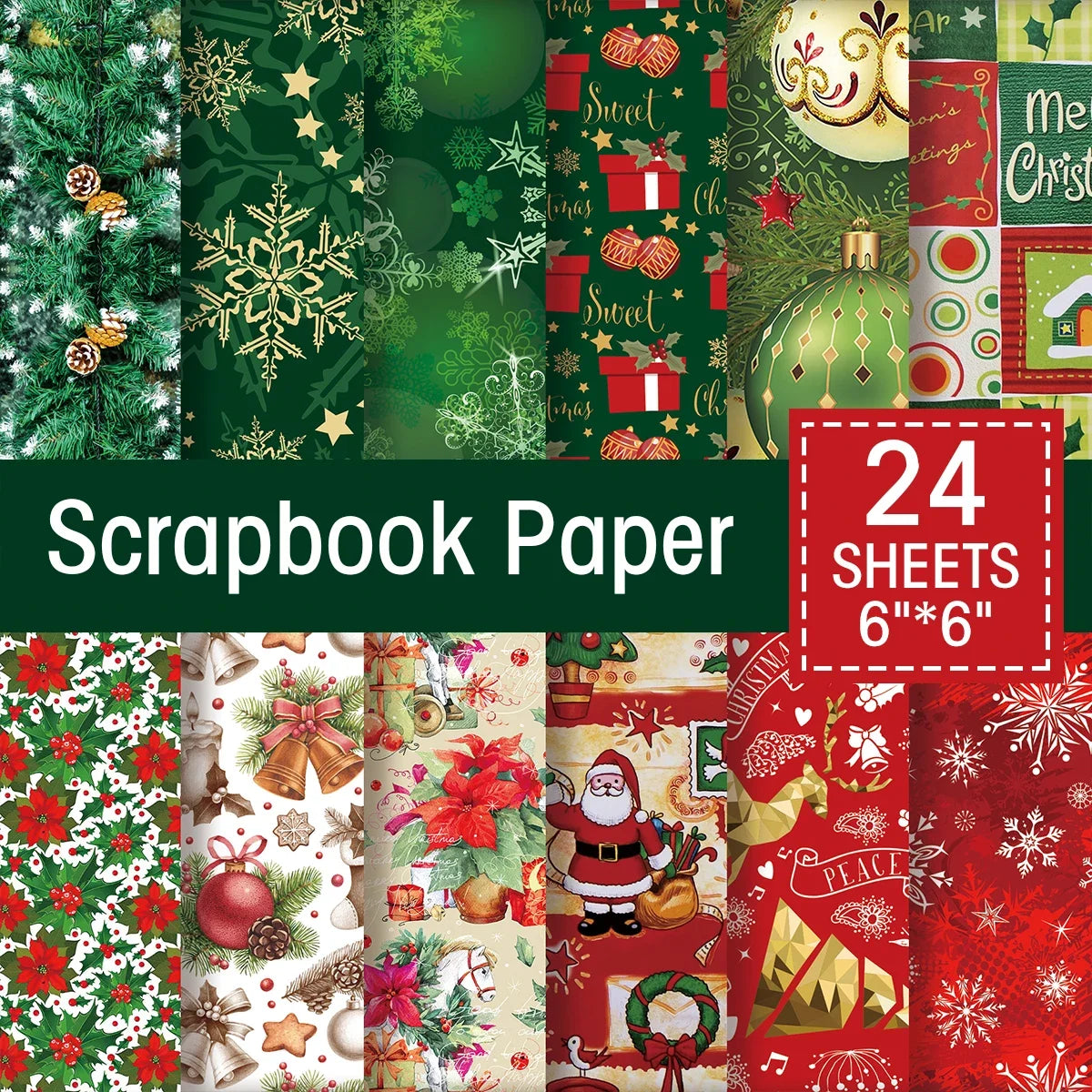 24Sheets Merry Christmas Scrapbook Paper Pad for Journaling DIY Arts,Craft Snowflake,Santa Pattern Christmas Gift Wrapping Paper - Cooky Kitchenware