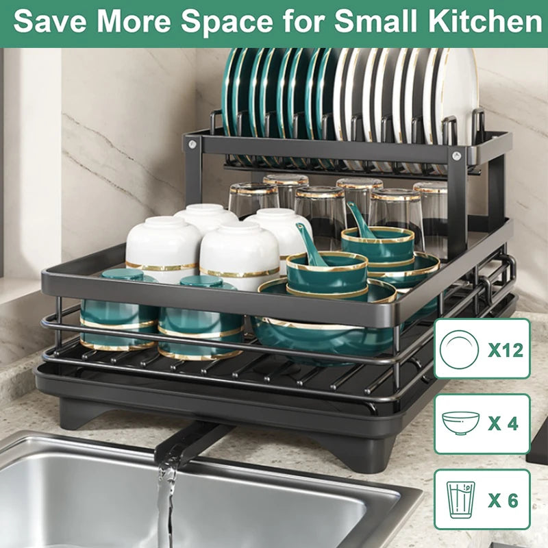 Dish Drying Rack for Kitchen Counter - Large Dish Rack with Drainboard, Adjustable Swivel SpoutRustproof Dish Drainer, Black - Cooky Kitchenware