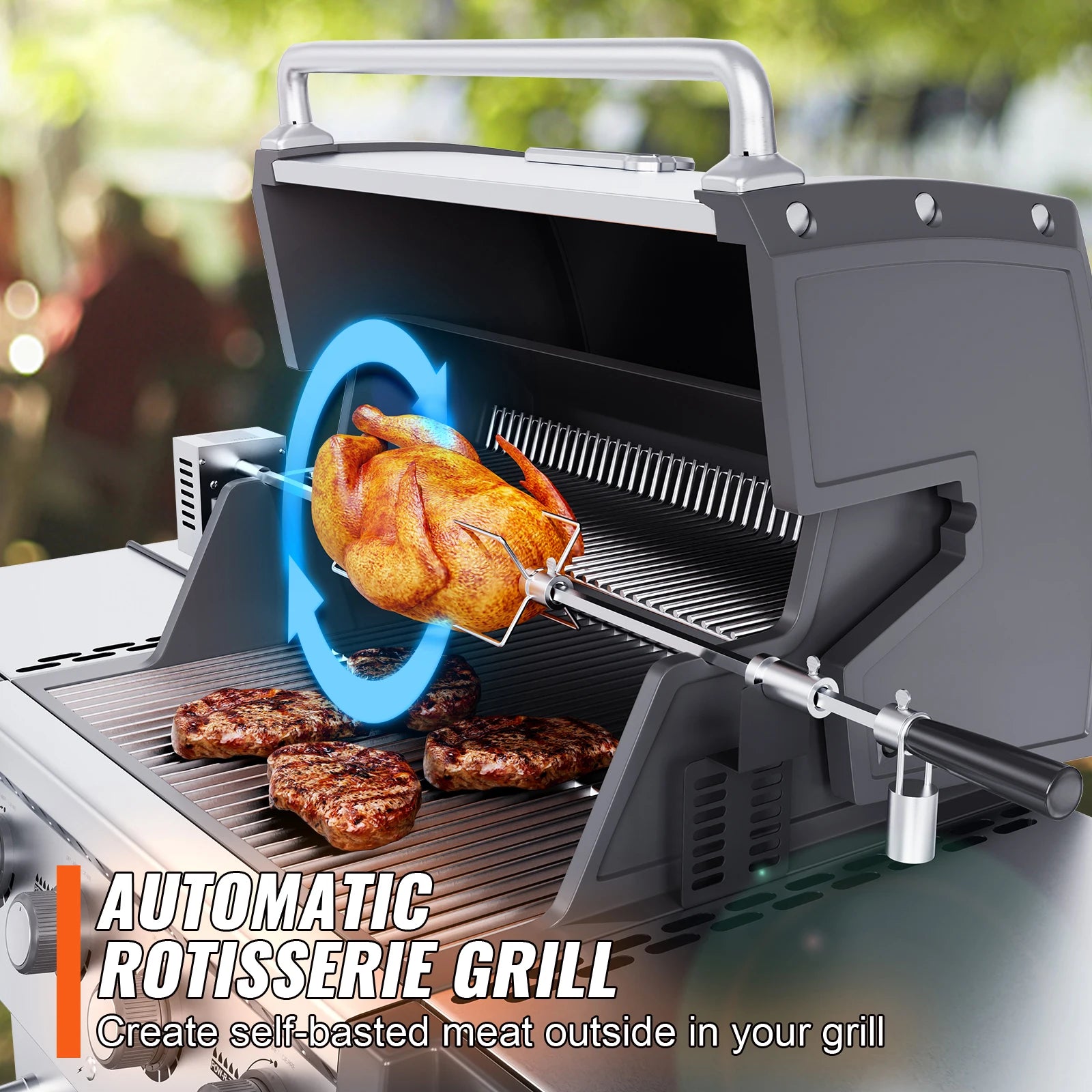 SucceBuy Universal Grill Rotisserie Kit for Grills Electric BBQ with 9W Motor Stainless Steel Automatic Grilling Kit - Cooky Kitchenware