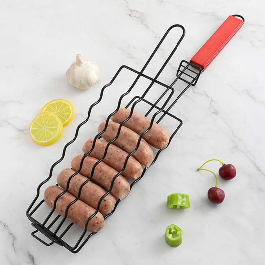 Folding Metal Barbecue Sausage Basket For Grilling Hot Dogs