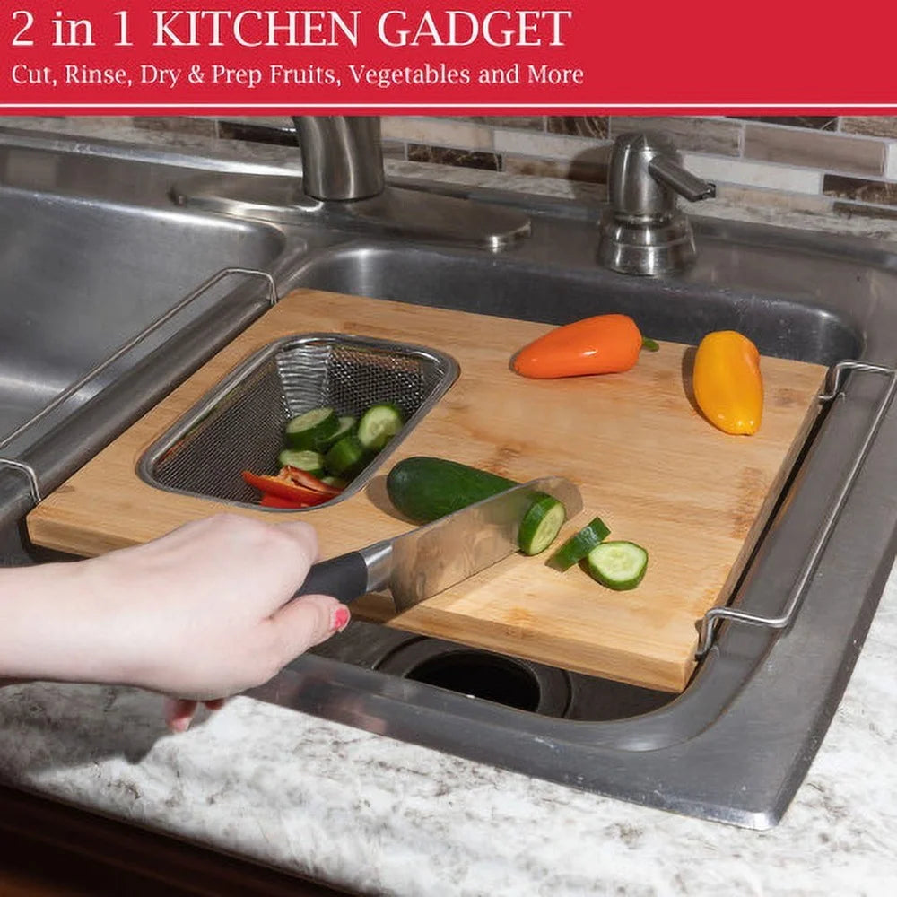 2 in 1 Adjustable Bamboo Cutting Board with Removable Strainer Over Sink Expandable Kitchen Gadget Easy Care Durable Material - Cooky Kitchenware