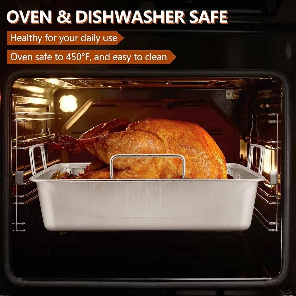 Herogo Roasting Pan with Flat Rack & V-shaped Rack Set, 16 x 11.5 Inch Stainless Steel Turkey Roaster Pan for Thanksgiving Chris