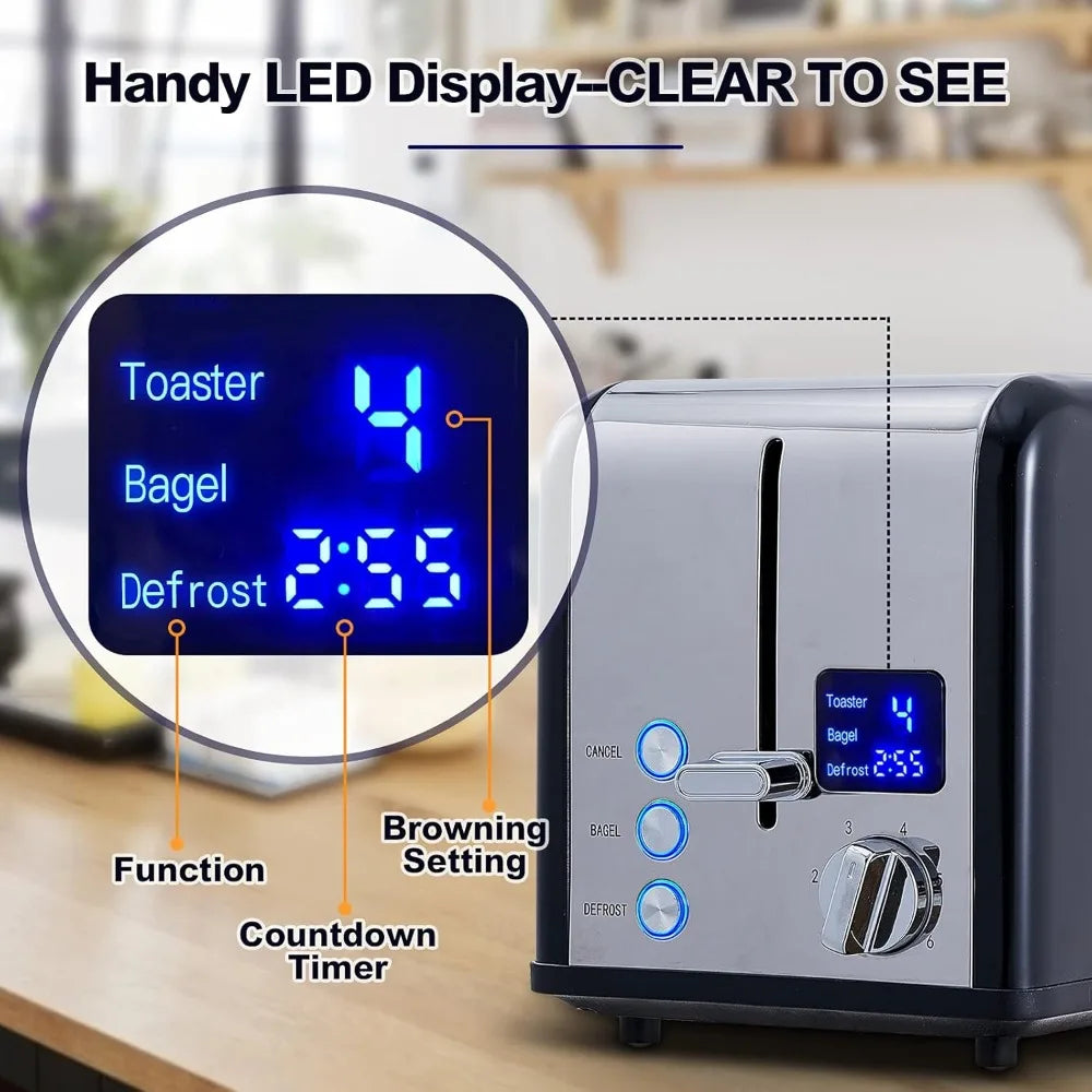 Stainless Steel Toaster with Large LED Display, Bread Toaster 1.5'' Extra-wide Slots with 6 Browning Settings, Cancel/Bagel - Cooky Kitchenware