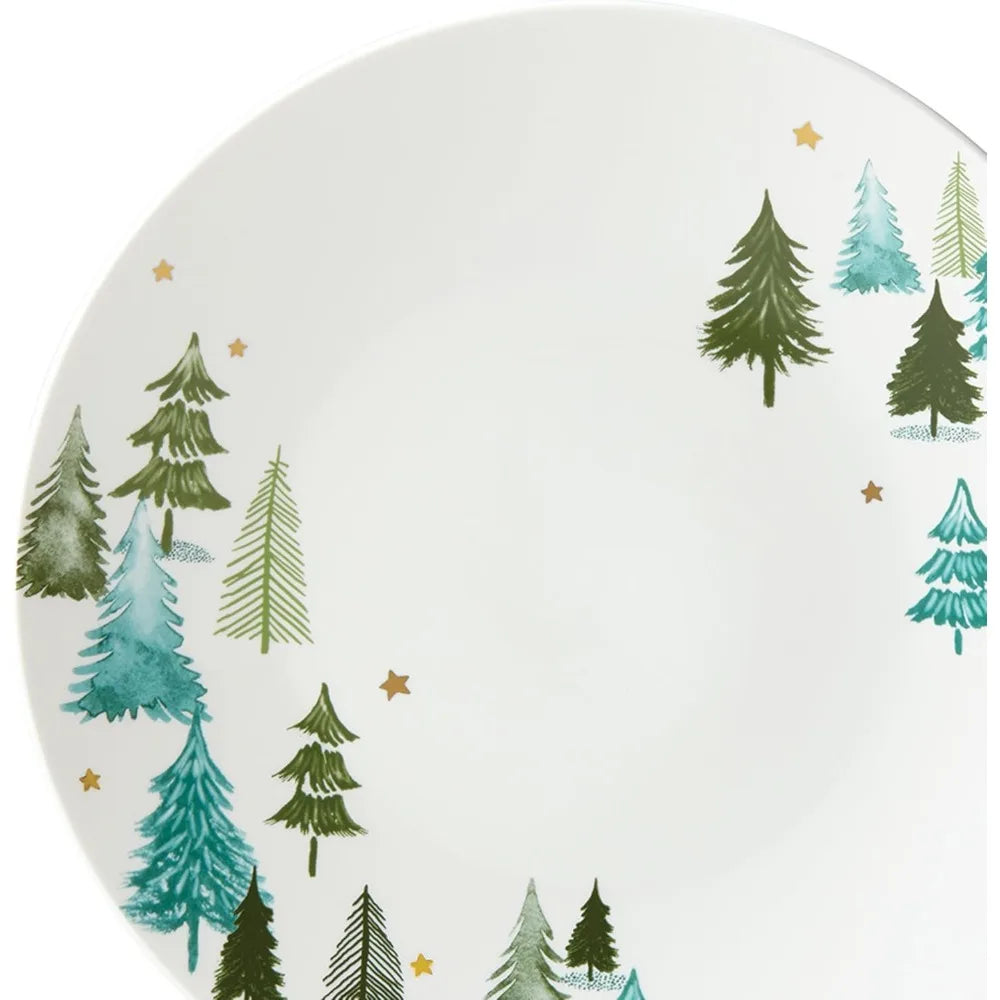 4-Piece Green Christmas Dinner Plate Set with Gold Accents, Dishwasher & Microwave Safe Porcelain