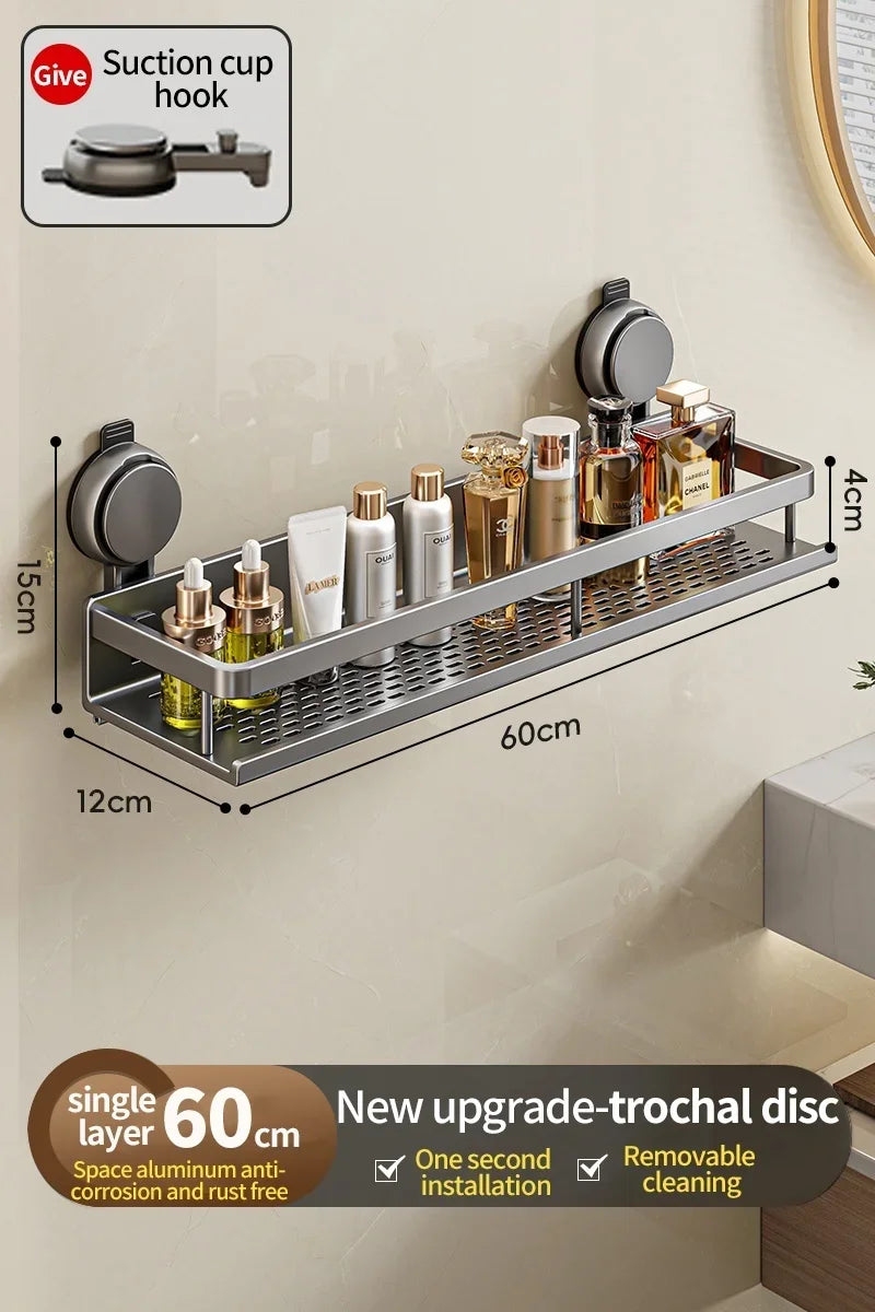 Suction Cup Mount Bathroom Shelf with Towel Holder Removable Hooks No Drill Hanging Bath Room Basket Shampoo Storage Rack Tray - Cooky Kitchenware