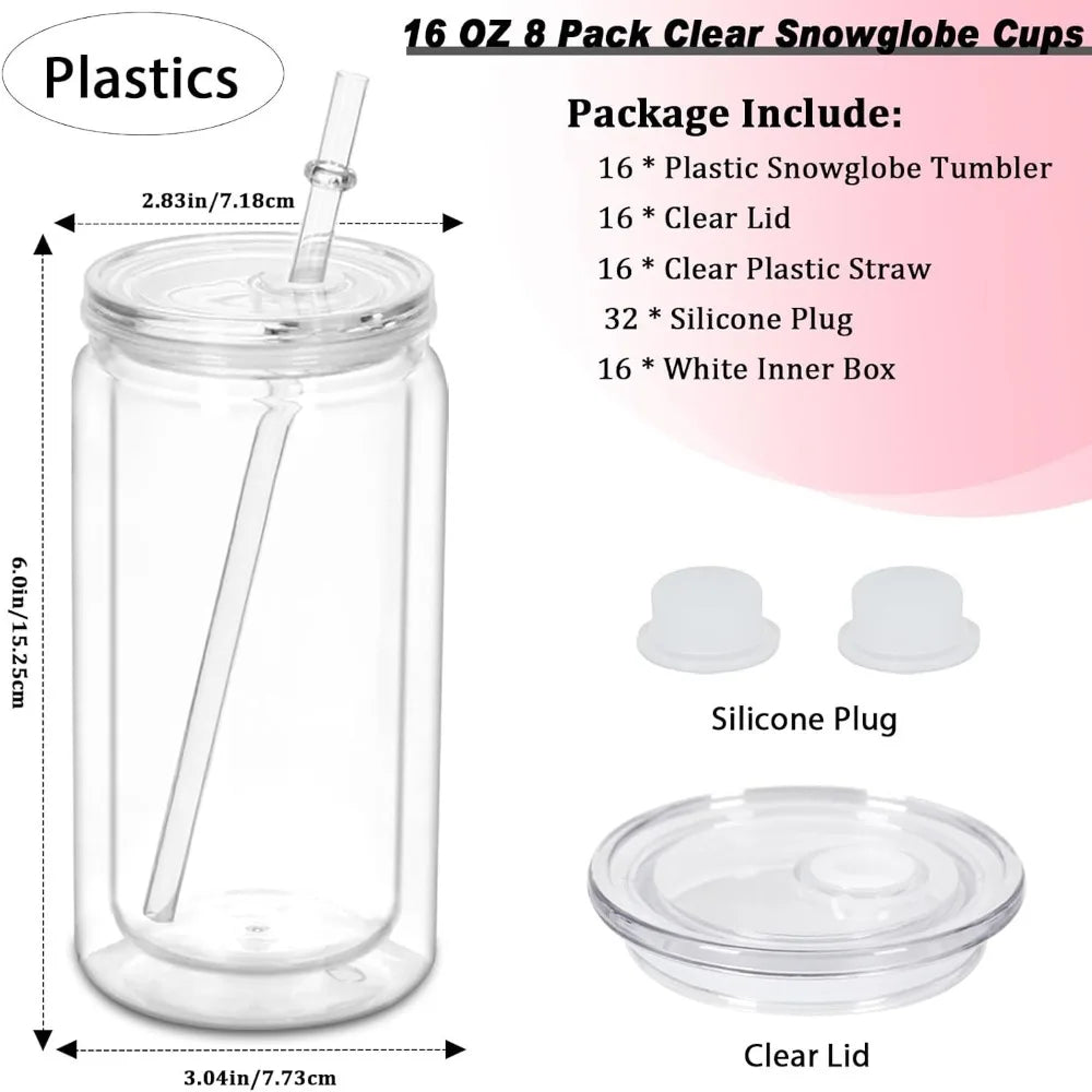 16 oz Plastic Snow Globe Tumbler, Pre Drilled Hole, Plastic Mason Jar Cups Can for Snow Globe Glitter DIY (Clear) - Cooky Kitchenware