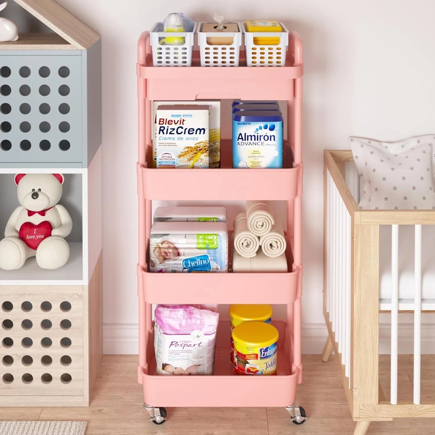 4 Tier Rolling Utility Cart with Drawer Multifunctional Storage Organizer Plastic Shelf and Metal Wheel Pink - Cooky Kitchenware