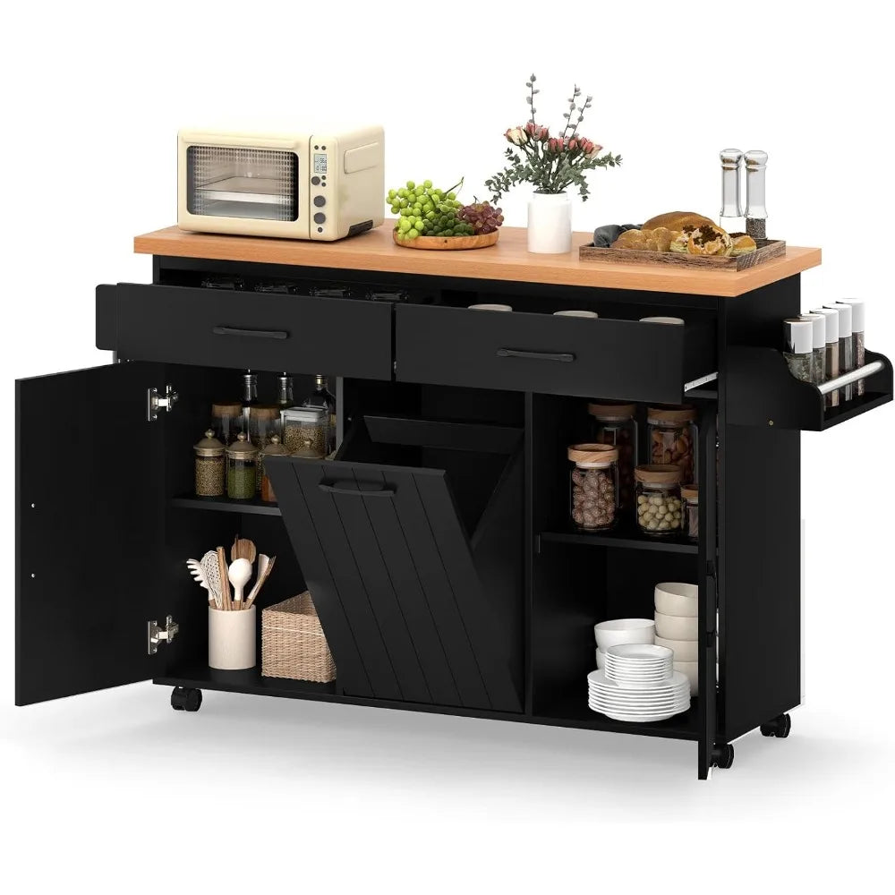 Kitchen Island Cart with Trash Bag Holder, Double Drawers, Spice Rack, Towel Bar, and Two Single-door Cabinets