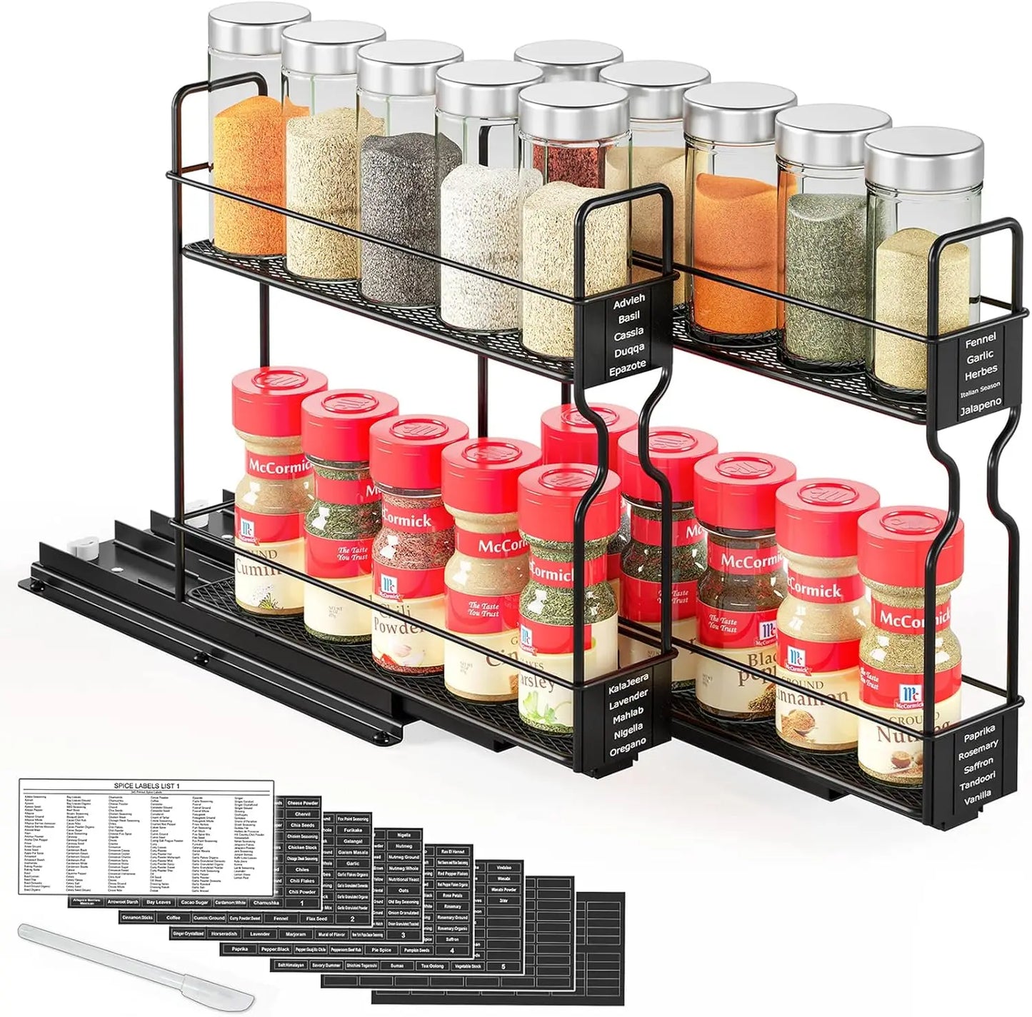 Heavy Duty Slide Out Seasoning Kitchen Organizer Cabinet Organizer with Labels - Cooky Kitchenware