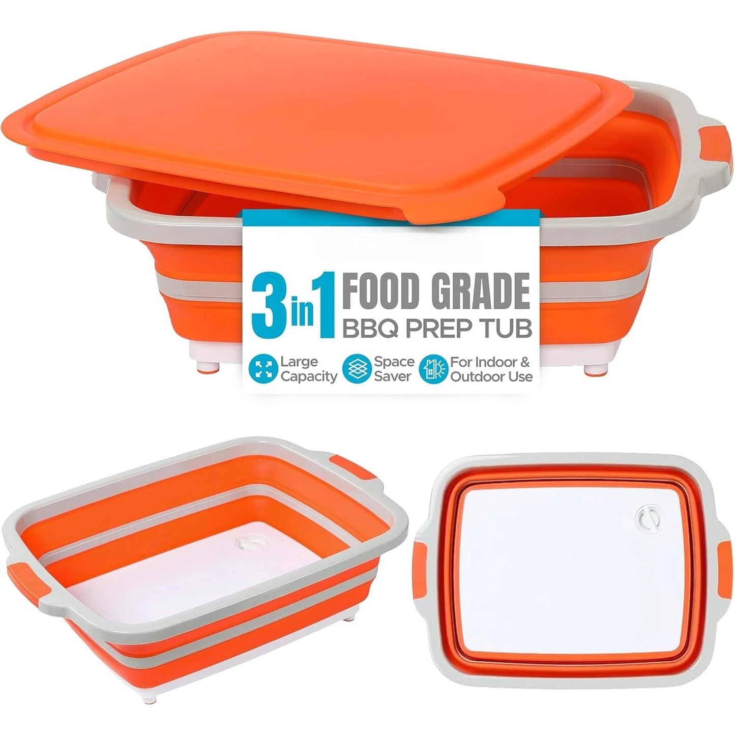 Collapsible Large BBQ Prep Tub w/Cutting Board, Multi-Function Grill Caddy w/Colander & Lid, Portable Silicone Dish Bowl