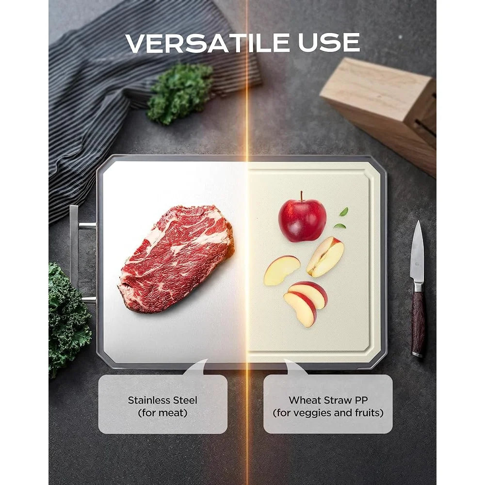 Heavy Duty Stainless Steel Cutting Board Double Sided Non Absorbent Kitchen Chopping Board with Juice Groove Easy Clean Durable - Cooky Kitchenware