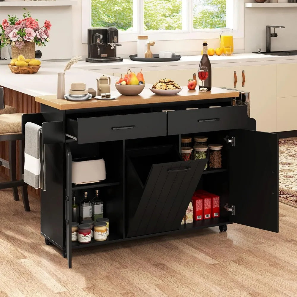 Kitchen Island Cart with Trash Bag Holder, Double Drawers, Spice Rack, Towel Bar, and Two Single-door Cabinets