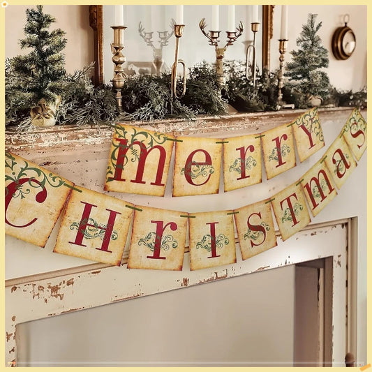 Christmas Decorations - Vintage Merry Christmas Banner - Retro Nostalgic Traditional Old Fashioned Victorian Xmas Holiday